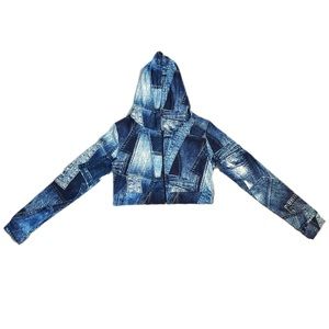 NWT Long Sleeve Blue Denim Graphic Print  Full Zip Hooded Crop Top - Large